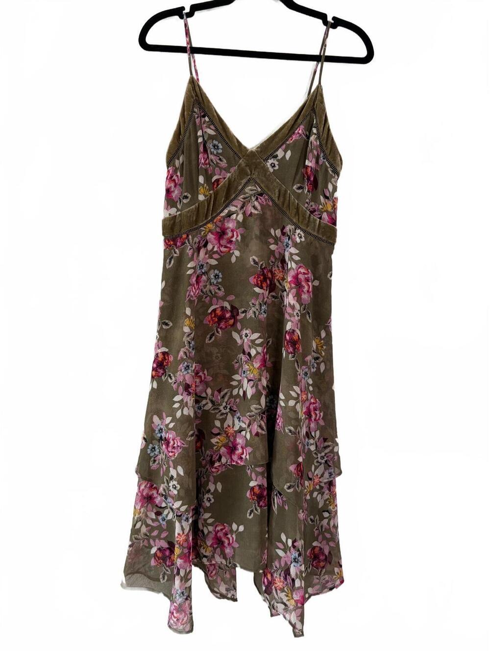 WHBM Fairy Whimsy Olive Green Floral Asymmetrical Hem with Velvet Trim